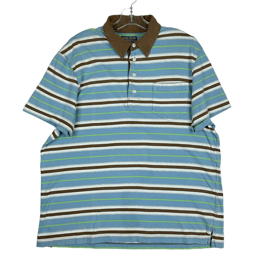Lucky Brand Vintage Inspired Polo Shirt XL Blue Brown Striped Corduroy Collar